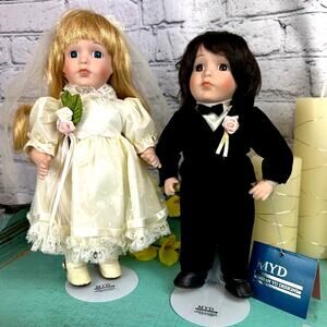 Vintage 1990's Porcelain Bride & Groom Dolls by Marian Yu Designs